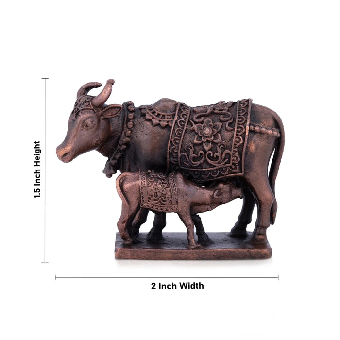 Cow and Calf Idol - 1.5 x 2 Inches | Copper Idol/ Kamadhenu Statue for Pooja/ 85 Gms Approx - Table Stand Accessories