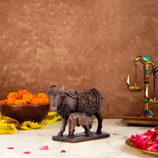 Cow and Calf Idol - 1.5 x 2 Inches | Copper Idol/ Kamadhenu Statue for Pooja/ 85 Gms Approx - Table Stand Accessories