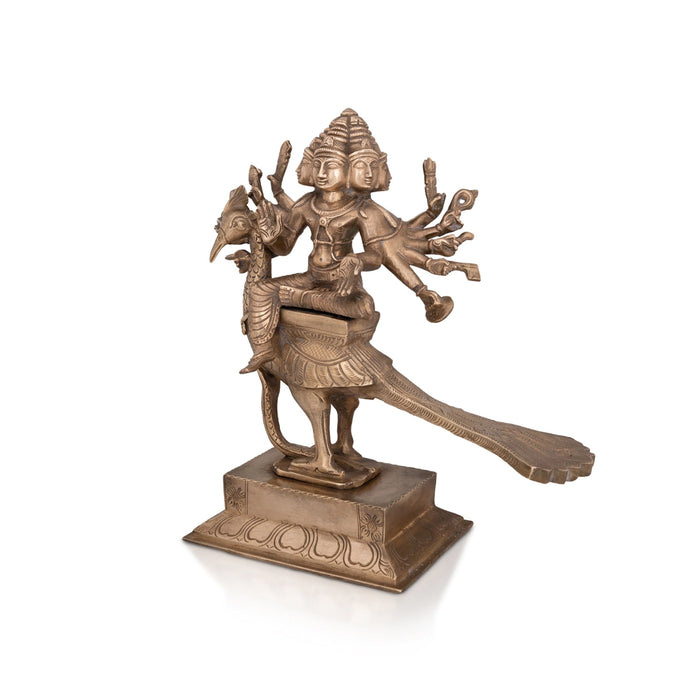 Arumugam Murugan sitting on Peacock on Base Murti - 10 x 9 Inches | Bronze Idol/ Murugan Statue For Home & Pooja - Panchaloha Murties