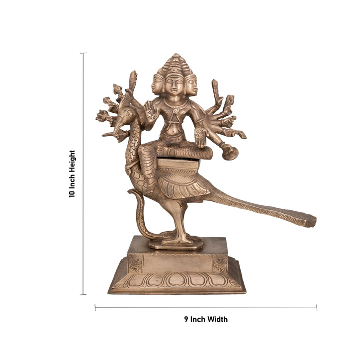 Arumugam Murugan sitting on Peacock on Base Murti - 10 x 9 Inches | Bronze Idol/ Murugan Statue For Home & Pooja - Panchaloha Murties