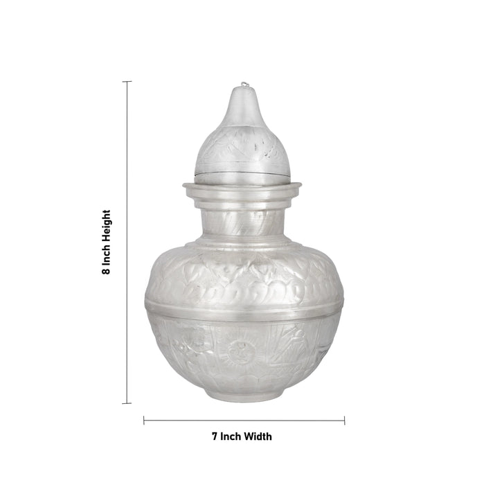 Kalash with Coconut - 8 x 7 Inche | White Metal/ Pooja Kalash/ Decorative Kalash For Pooja & Housewarming