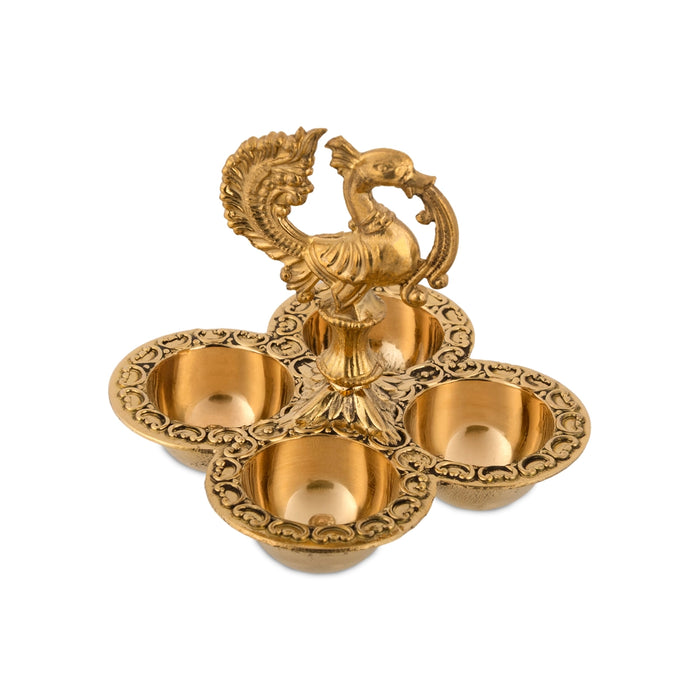 Brass Bowl - 3 x 3.5 Inches | 4 Cup/ Peacock Design Puja Bowl / Chandan Cup for Home & Pooja Decor