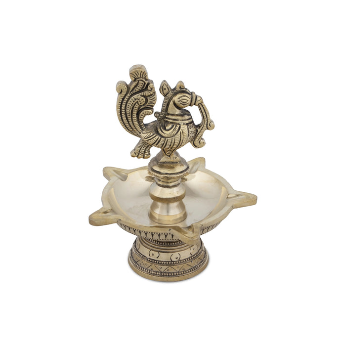 5 Face Villaku - 5.5 x 4.5 Inches | Antique Brass Deep/ Annapakshi Design Brass Lamp for Pooja/ 680 Gms Approx - Kuthuvilakku