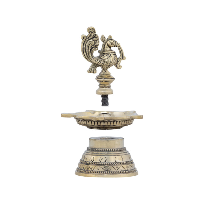 5 Face Villaku - 5.5 x 4.5 Inches | Antique Brass Deep/ Annapakshi Design Brass Lamp for Pooja/ 680 Gms Approx - Kuthuvilakku