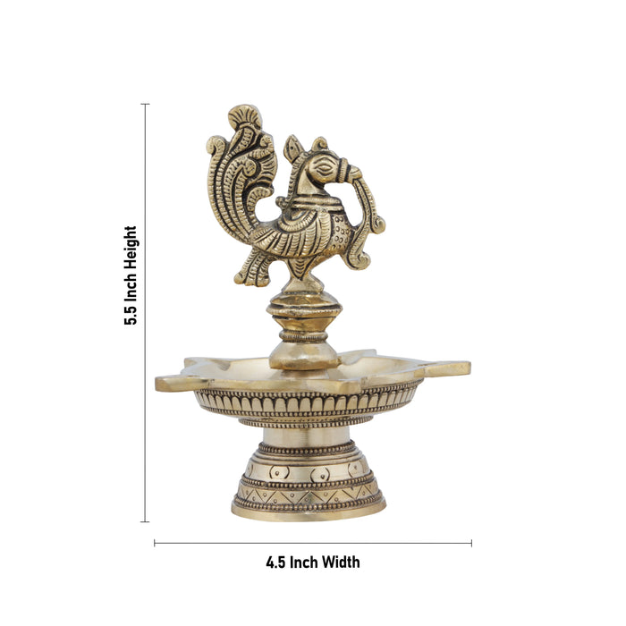 5 Face Villaku - 5.5 x 4.5 Inches | Antique Brass Deep/ Annapakshi Design Brass Lamp for Pooja/ 680 Gms Approx - Kuthuvilakku