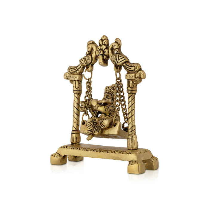 Krishna Sitting On Jhula Murti - 4.25 x 3.75 Inches | Antique Brass Idol/ Lord Kahna Ji Statue For Pooja