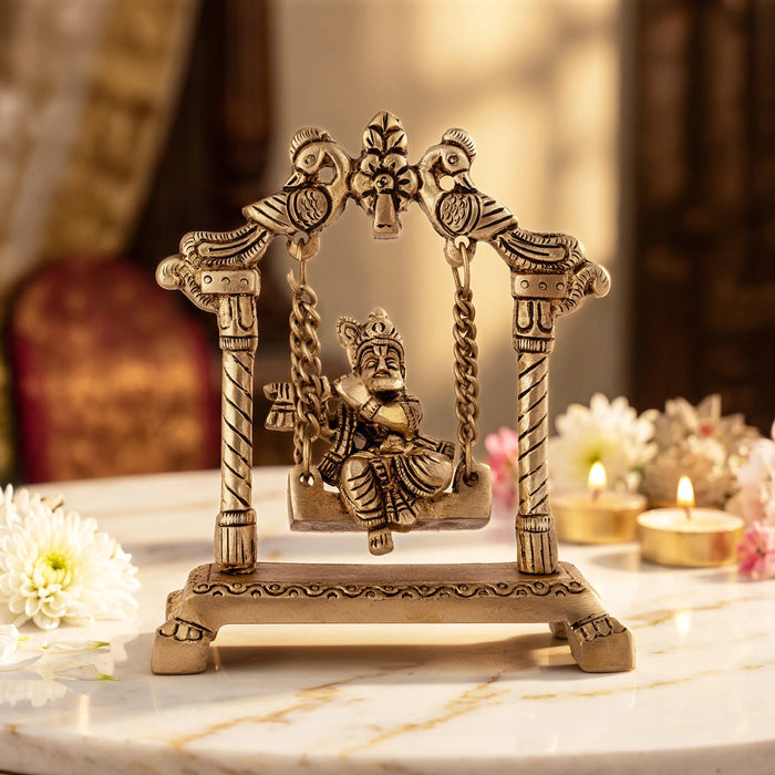 Krishna Sitting On Jhula Murti - 4.25 x 3.75 Inches | Antique Brass Idol/ Lord Kahna Ji Statue For Pooja