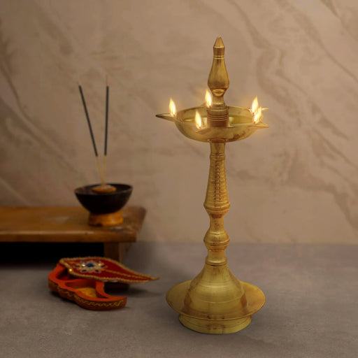 Kerala Vilakku - 11 Inches | 5 Face Nilavilakku/ Brass Kerala Lamp for Pooja - Kerala Vilakku