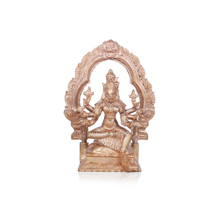 Varahi Amman Statue With Arch Sitting On Base - 6 x 5 Inches | Panchaloha Statue/ Varahi Idol for Pooja/ 960 Gms - Panchaloha Murties