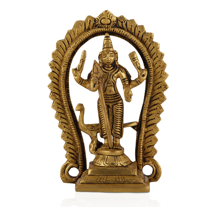 Murugan Statue With Arch Standing On Base - 5 x 3.25 Inches | Antique Brass Idol/ Kartikeya Statue With Peacock for Pooja - Brass Murties