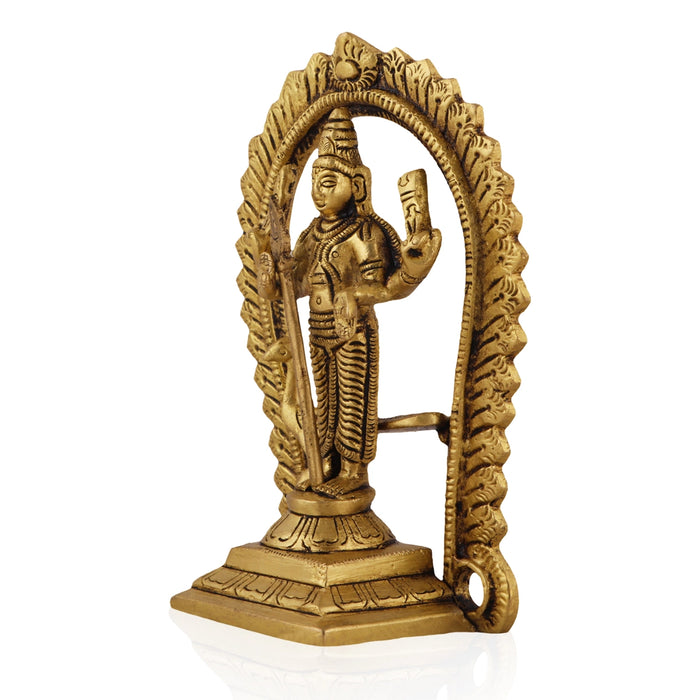 Murugan Statue With Arch Standing On Base - 5 x 3.25 Inches | Antique Brass Idol/ Kartikeya Statue With Peacock for Pooja - Brass Murties