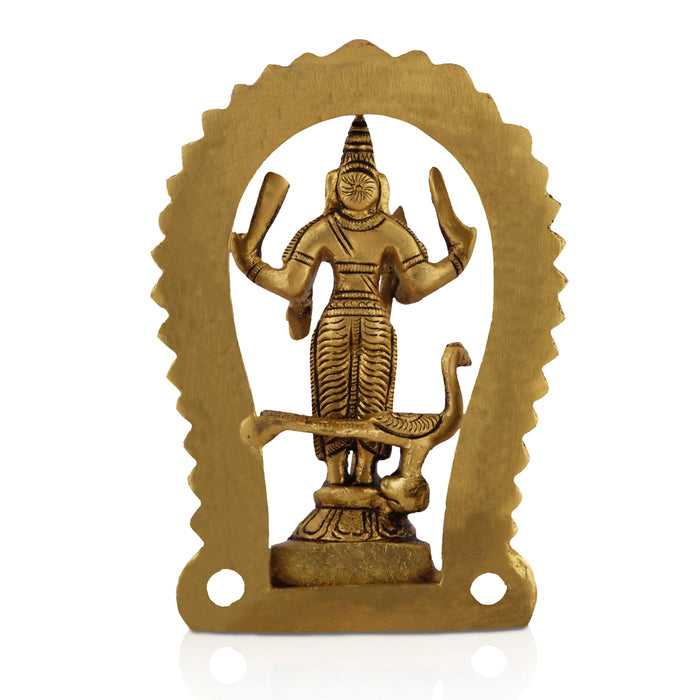Murugan Statue With Arch Standing On Base - 5 x 3.25 Inches | Antique Brass Idol/ Kartikeya Statue With Peacock for Pooja - Brass Murties