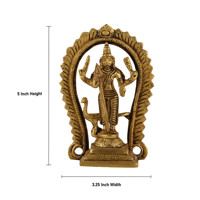 Murugan Statue With Arch Standing On Base - 5 x 3.25 Inches | Antique Brass Idol/ Kartikeya Statue With Peacock for Pooja - Brass Murties