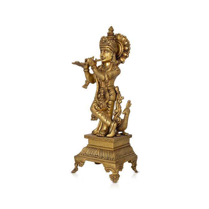 Krishna Standing Chowki With Peacock Murti - 17 x 6 Inches | Brass Idol / Krishna statue for Pooja - Brass Murties