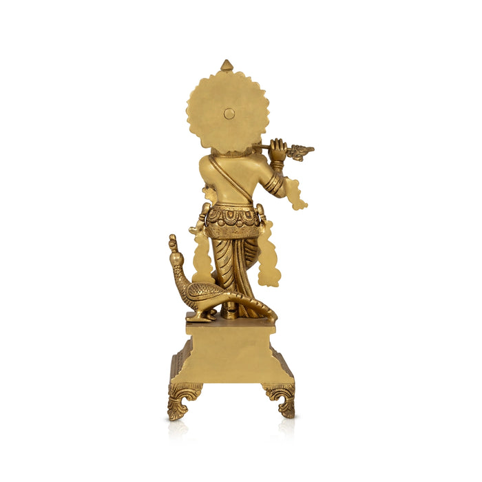Krishna Standing Chowki With Peacock Murti - 17 x 6 Inches | Brass Idol / Krishna statue for Pooja - Brass Murties