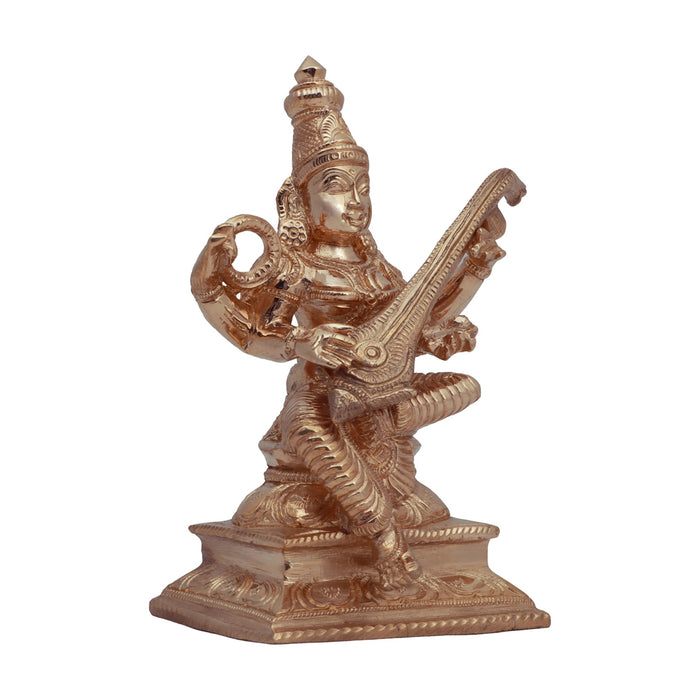 Saraswati Murti Sitting On Base - 5 x 3 Inches | Panchaloha Statue/ Saraswati Moorti for Pooja - Panchaloha Murties