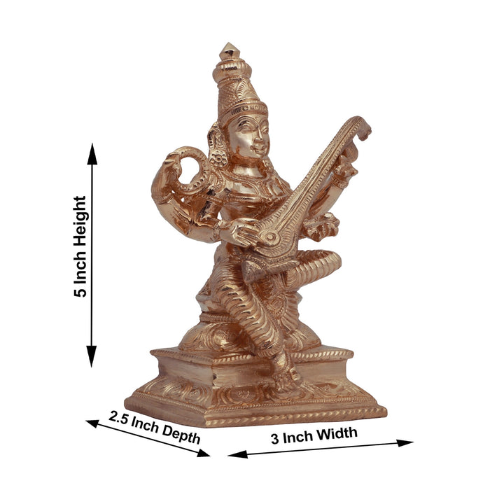Saraswati Murti Sitting On Base - 5 x 3 Inches | Panchaloha Statue/ Saraswati Moorti for Pooja - Panchaloha Murties