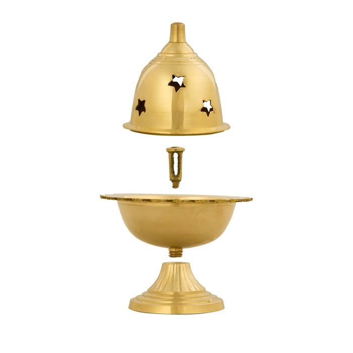 Brass Amar Deep With Base - 4 x 3 Inches | Brass Lamp/ Brass Deepam With Star Design Lid for Pooja/ 180 Gms - Nanda Deep & Pyali Deep