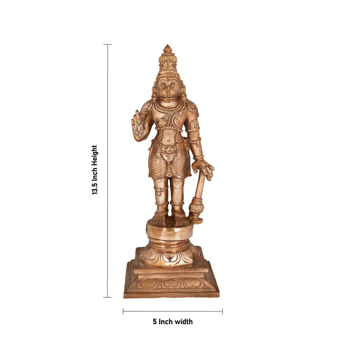 Hanuman Standing On Base Murti - 13.5 x 5 Inches | Panchaloha Statue / Anjaneya Statue for Pooja - Panchaloha Murties