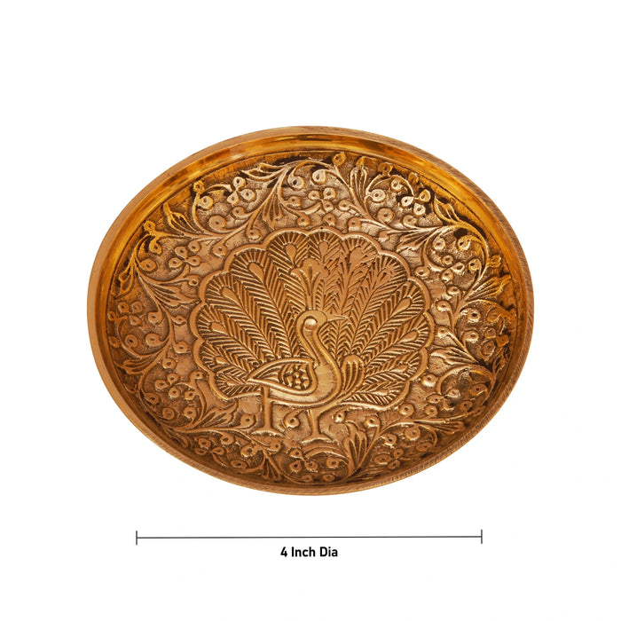 Brass Plate - 4 Inches | Pin Tray/ Brass Tray/ Peacock Design Pooja Stand for Deity - Pooja Plate & Tray