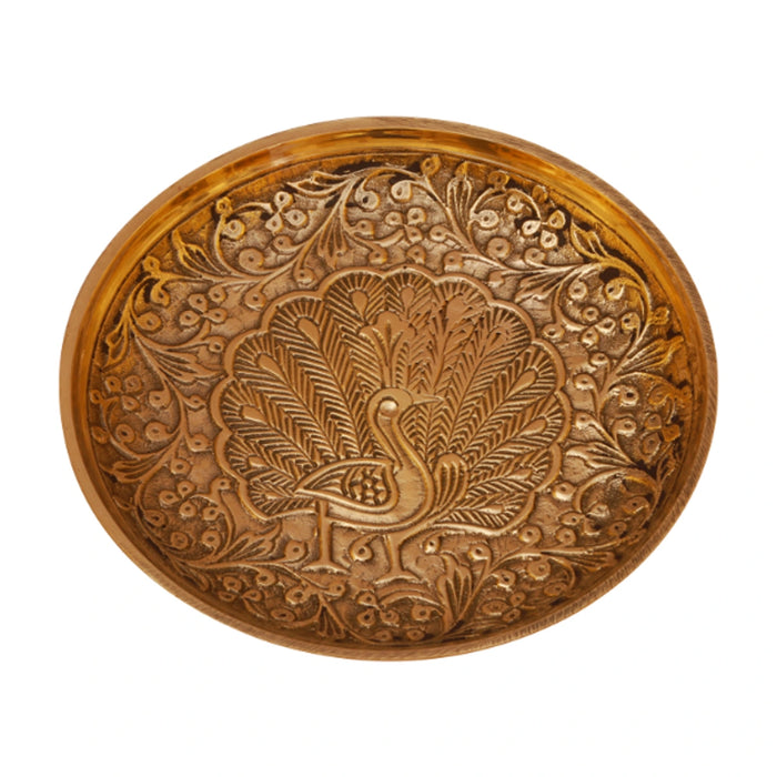 Brass Plate - 4 Inches | Pin Tray/ Brass Tray/ Peacock Design Pooja Stand for Deity - Pooja Plate & Tray