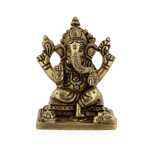 Ganesh Murti Sitting On Base - 3 x 2.25 Inches | Antique Brass Idol/ Ganpati Murti For Home Pooja - Brass Murties