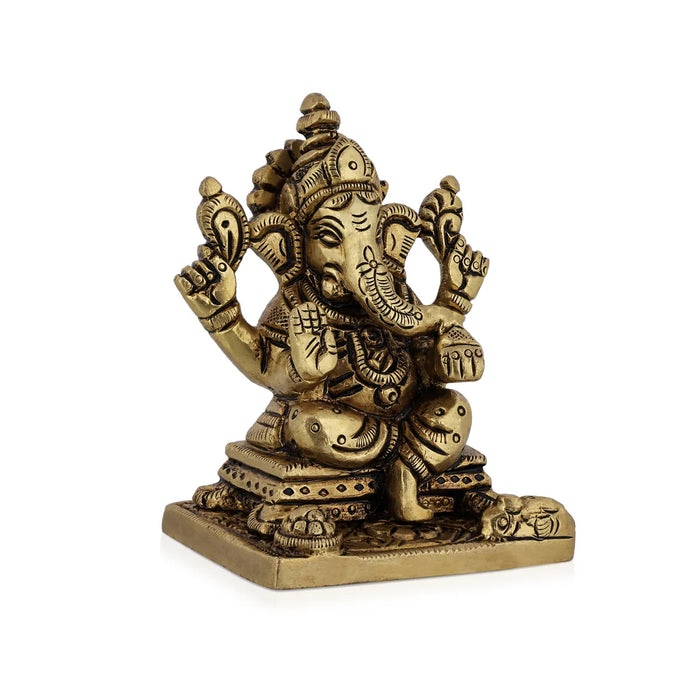 Ganesh Murti Sitting On Base - 3 x 2.25 Inches | Antique Brass Idol/ Ganpati Murti For Home Pooja - Brass Murties