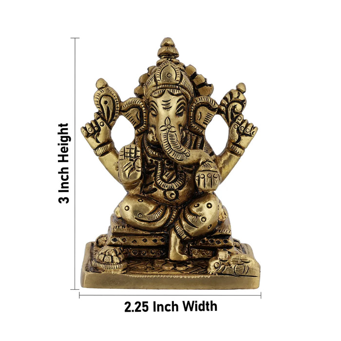 Ganesh Murti Sitting On Base - 3 x 2.25 Inches | Antique Brass Idol/ Ganpati Murti For Home Pooja - Brass Murties