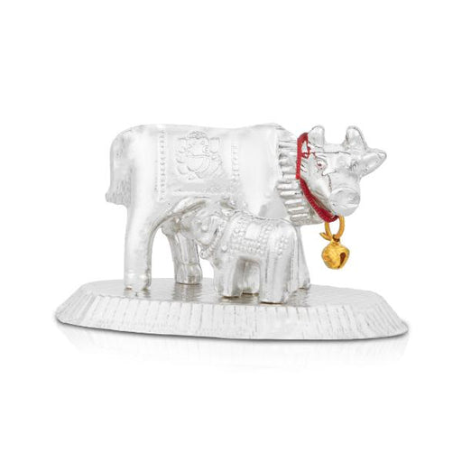 Cow With Calf Idol With Base - 2.5 x 3.5 Inches | White Metal Kamdhenu Cow And Calf Statue for Home Decor - Table Stand Accessories