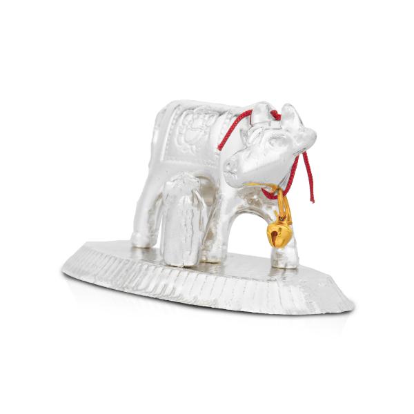 Cow With Calf Idol With Base - 2.5 x 3.5 Inches | White Metal Kamdhenu Cow And Calf Statue for Home Decor - Table Stand Accessories