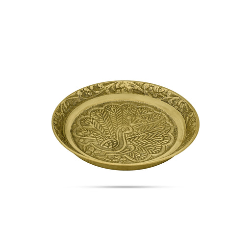 Peacock Design Pin Tray - 2.5 Inches | Brass Plate/ Pooja Stand/ Pooja Asan For Offering And Deity - Pooja Plate & Tray