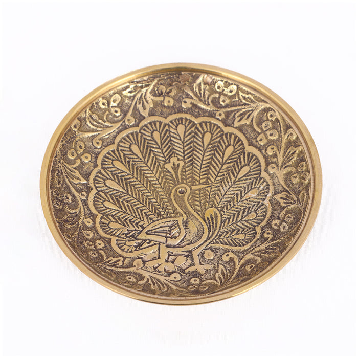 Brass Plate - 3.25Inches | Pin Tray/ Brass Tray/ Peacock Design Pooja Stand for Deity - Pooja Plate & Tray