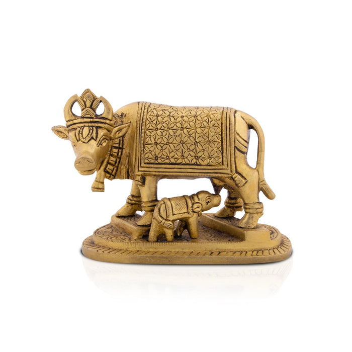 Cow With Calf Idol - 4 x 4.75 Inches | Antique Brass Idol/ Kamdhenu Cow With Calf for Pooja/ 980 Gms Approx - Table Stand Accessories