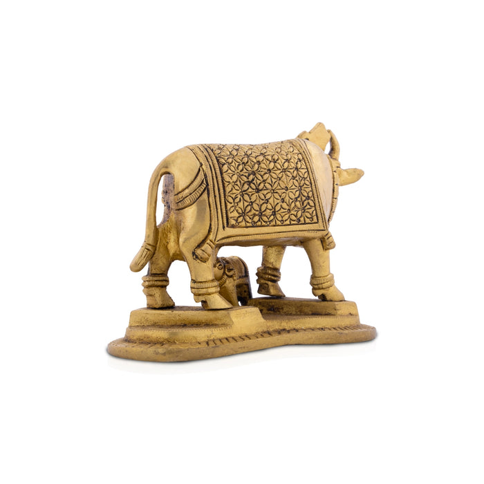 Cow With Calf Idol - 4 x 4.75 Inches | Antique Brass Idol/ Kamdhenu Cow With Calf for Pooja/ 980 Gms Approx - Table Stand Accessories