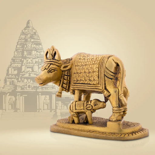 Cow With Calf Idol - 4 x 4.75 Inches | Antique Brass Idol/ Kamdhenu Cow With Calf for Pooja/ 980 Gms Approx - Table Stand Accessories
