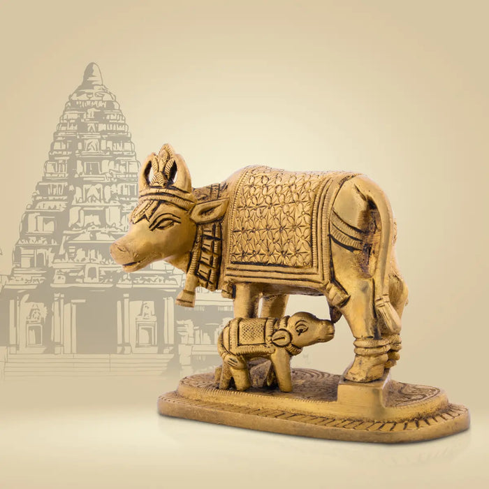 Cow With Calf Idol - 4 x 4.75 Inches | Antique Brass Idol/ Kamdhenu Cow With Calf for Pooja/ 980 Gms Approx - Table Stand Accessories
