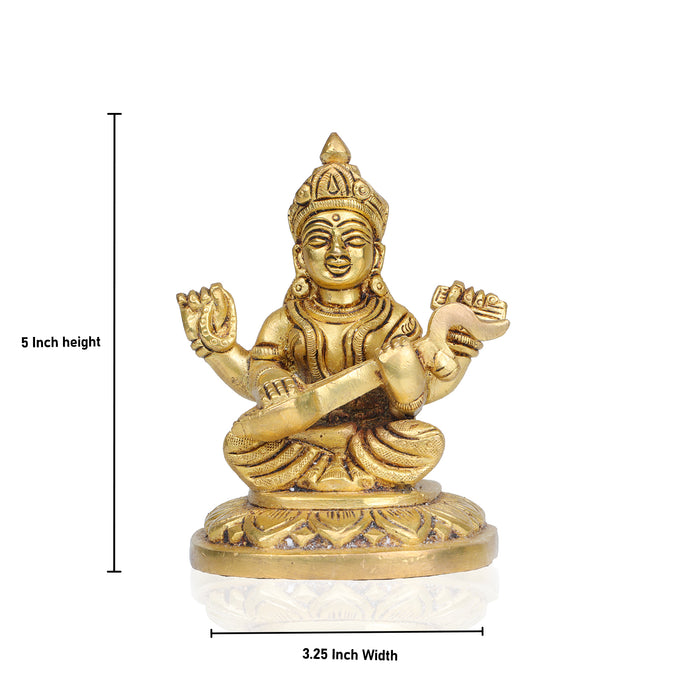 Saraswati Murti  - 5  Inches |  Antique Brass Statue/ Saraswati Idol/ Saraswati Mata Murti for Pooja - Brass Murties