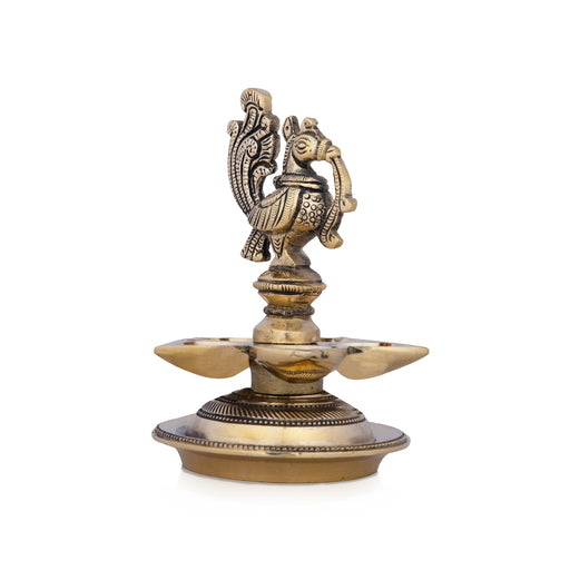 5 Face Brass Lamp With Base - 6.5 x 5 Inches | Antique Polish Annapakshi Design Brass Vilakku for Pooja - 5 Faced lamp