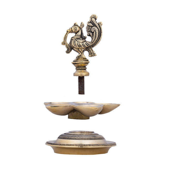 5 Face Brass Lamp With Base - 6.5 x 5 Inches | Antique Polish Annapakshi Design Brass Vilakku for Pooja - 5 Faced lamp