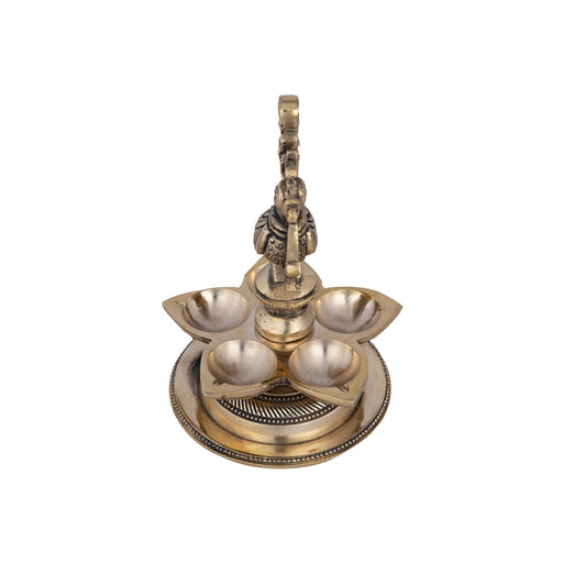 5 Face Brass Lamp With Base - 6.5 x 5 Inches | Antique Polish Annapakshi Design Brass Vilakku for Pooja - 5 Faced lamp