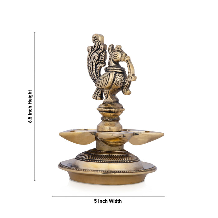5 Face Brass Lamp With Base - 6.5 x 5 Inches | Antique Polish Annapakshi Design Brass Vilakku for Pooja - 5 Faced lamp
