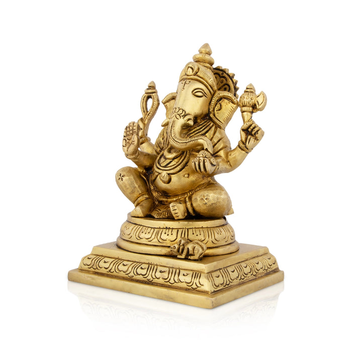 Ganesh Murti Sitting On Chowki - 6 x 4 Inches | Antique Brass Idol/ Ganpati Murti for Pooja/ 1.970 Kgs - Brass Murties