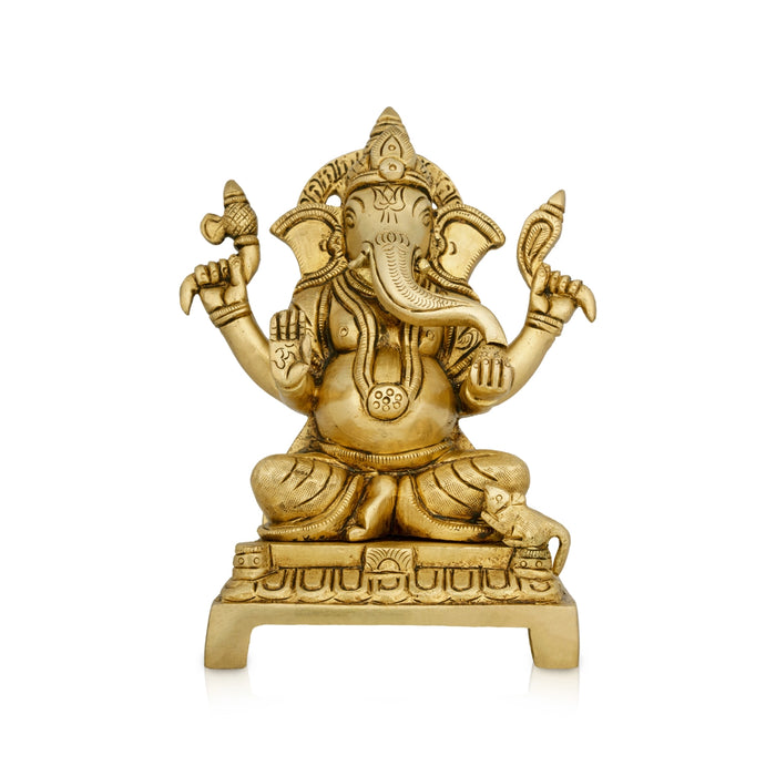 Ganesh Murti Sitting On Chowki - 6.5 x 5 Inches | Ganpati Murti/ Antique Brass Idol/ Vinayaka Statue for Pooja - Brass Murties