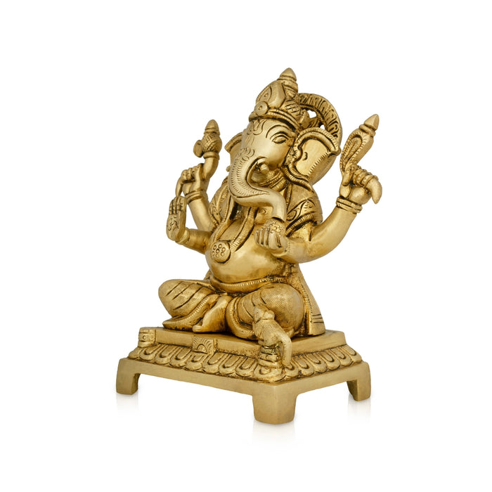 Ganesh Murti Sitting On Chowki - 6.5 x 5 Inches | Ganpati Murti/ Antique Brass Idol/ Vinayaka Statue for Pooja - Brass Murties