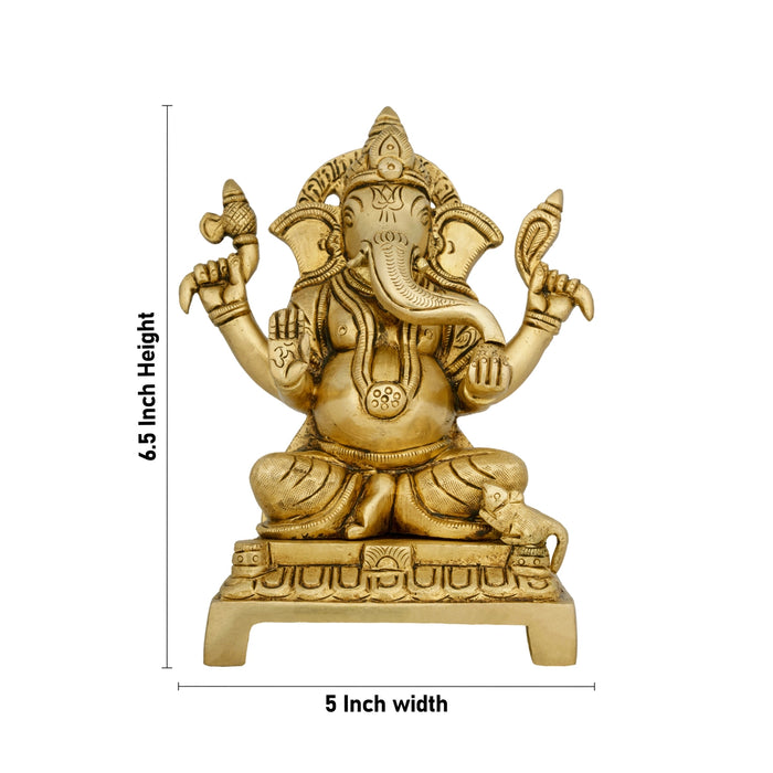 Ganesh Murti Sitting On Chowki - 6.5 x 5 Inches | Ganpati Murti/ Antique Brass Idol/ Vinayaka Statue for Pooja - Brass Murties