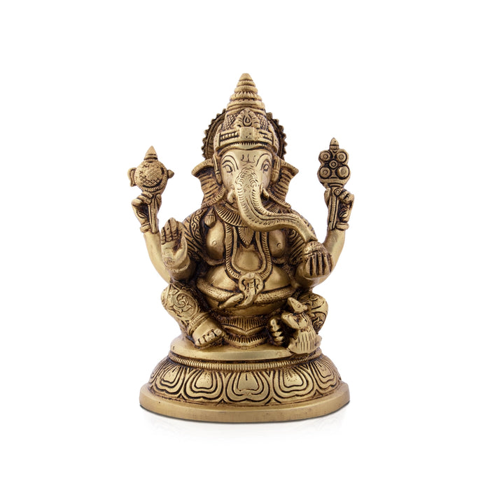 Vinayagar Sitting On Oval Base Murti - 8 x 5.5 Inches | Antique Brass Statue / Ganesha Idol For Home & Pooja