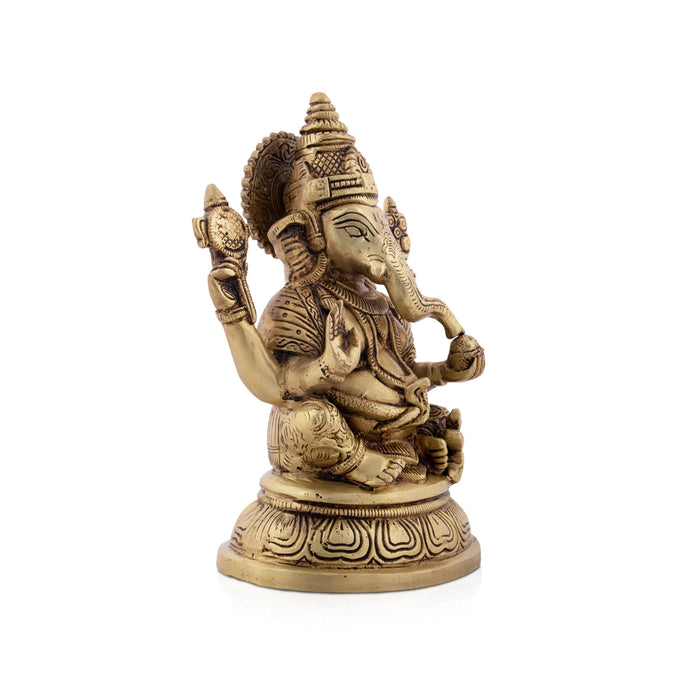 Vinayagar Sitting On Oval Base Murti - 8 x 5.5 Inches | Antique Brass Statue / Ganesha Idol For Home & Pooja