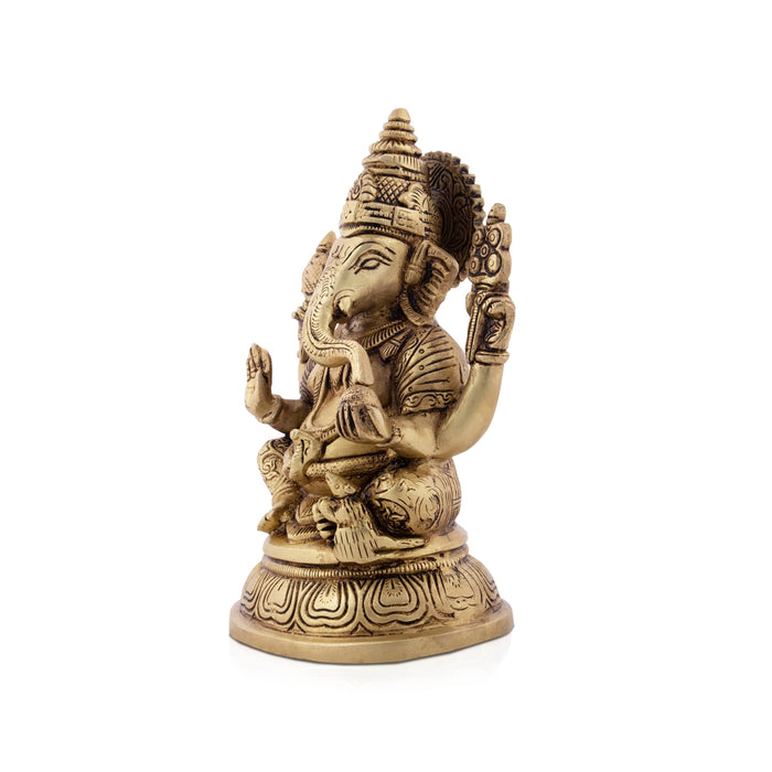 Vinayagar Sitting On Oval Base Murti - 8 x 5.5 Inches | Antique Brass Statue / Ganesha Idol For Home & Pooja