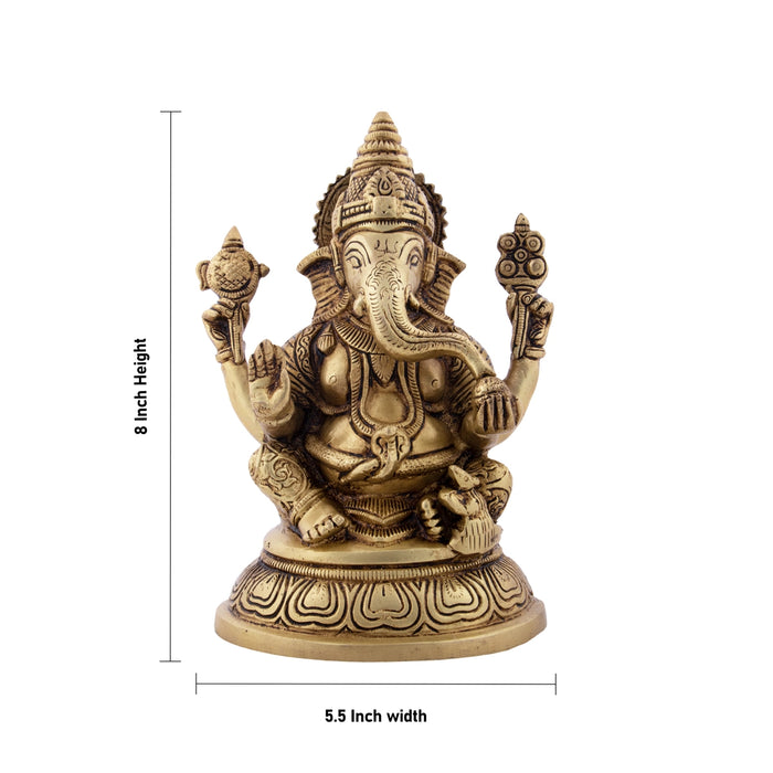 Vinayagar Sitting On Oval Base Murti - 8 x 5.5 Inches | Antique Brass Statue / Ganesha Idol For Home & Pooja