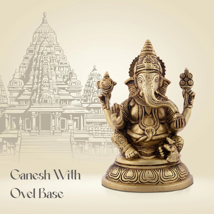 Vinayagar Sitting On Oval Base Murti - 8 x 5.5 Inches | Antique Brass Statue / Ganesha Idol For Home & Pooja